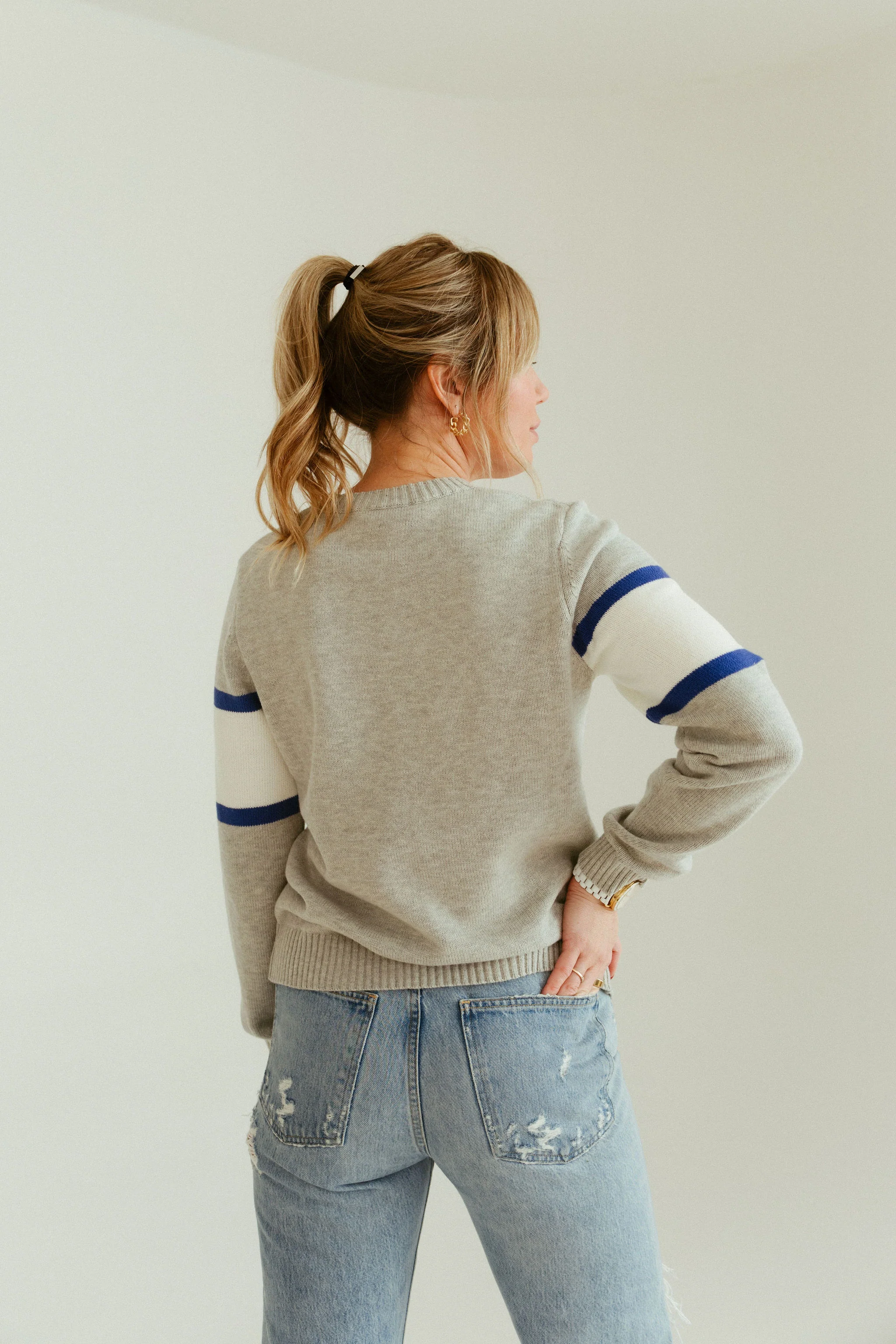 Detroit Block Grey Sweater with Red/Navy Stripes - Image 2