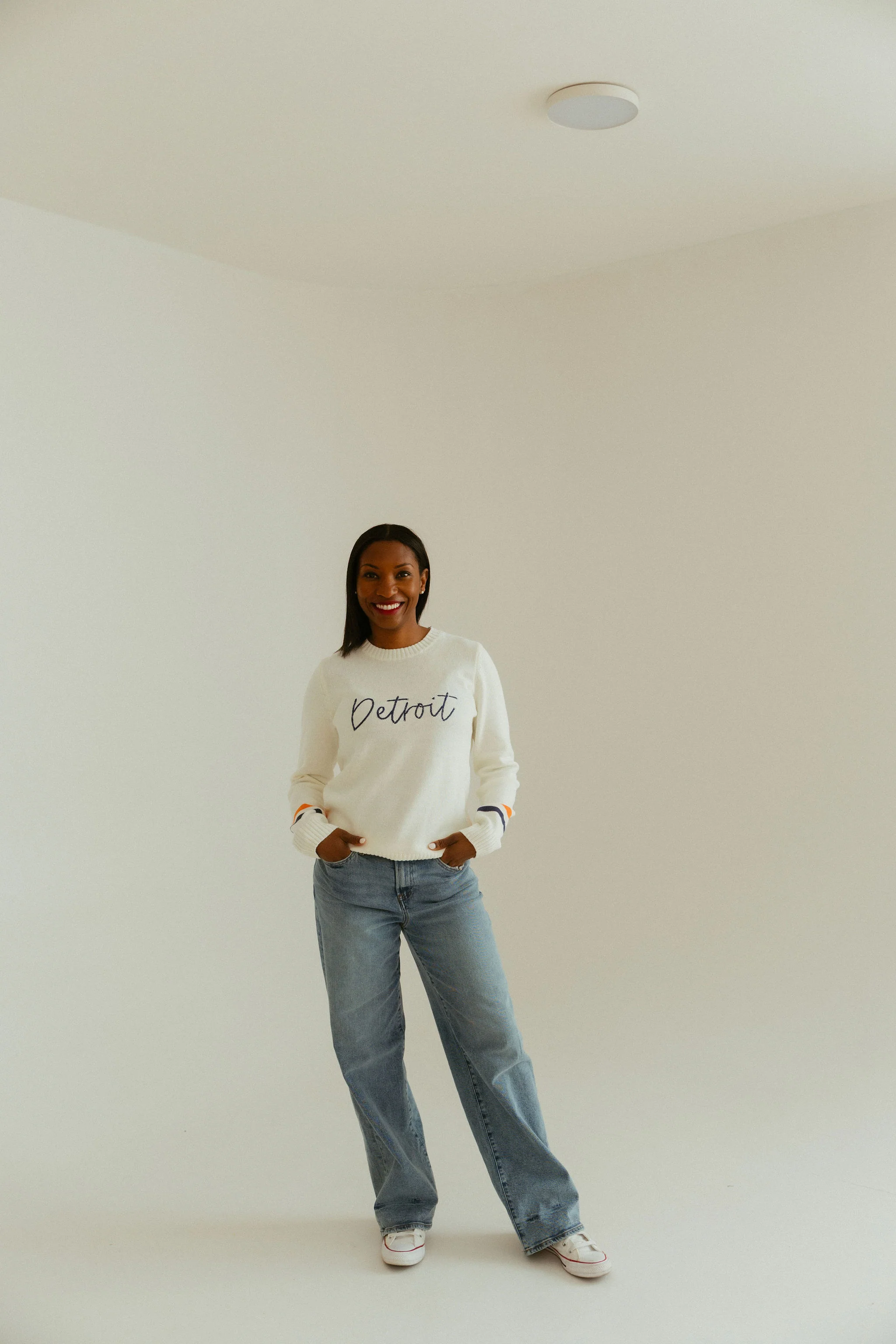 Detroit White Crewneck Navy/Orange Stripes - Image 3